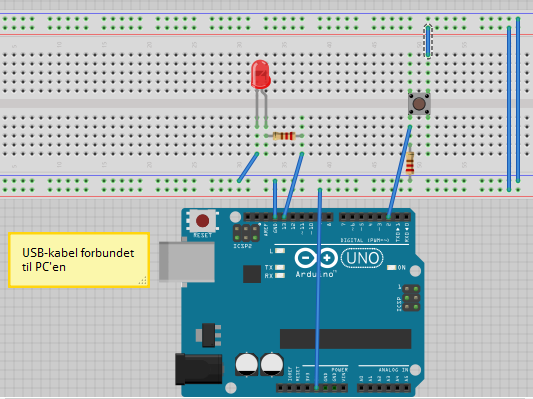 LED og trykknap forbundet til Arduinoen som fumlebræt