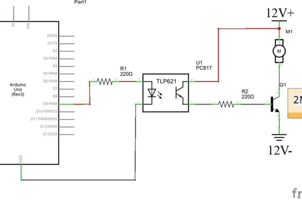 Arduinoen forbundet med en motor via en optokobler