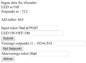 Visningen i browseren af webserveren bygget med WeMOS