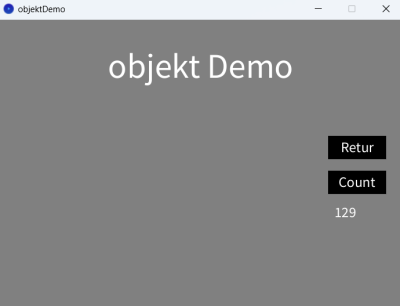 Skærmen på demoprogrammet med objekter i state 2