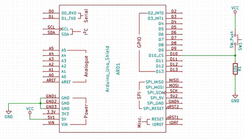 Diagram hvor man kan se trykknap og modstand forbundet til portben 10 på Arduino UNO boardet