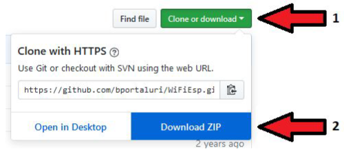 WiFiESP library’et hentes ved at klikke på “Clone or download” og efterfølgende på “Download ZIP”
