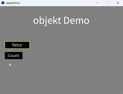 Skærmen på demoprogrammet med objekter i state 1